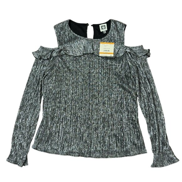 NEW Anne Klein Size S Metallic Black & Silver Cold-Shoulder Top Sleeve Ruffle - Picture 5 of 13